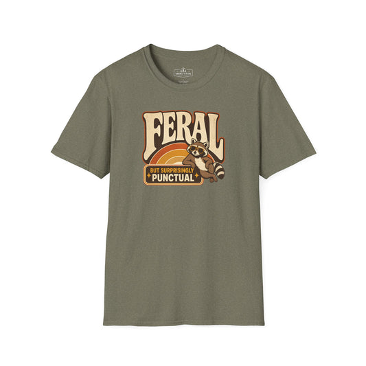 Feral But Surprisingly Punctual | Funny Retro Raccoon Graphic Shirt
