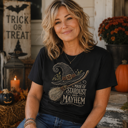 Made of Stardust and Mayhem | Vintage Witch Hat & Broom Graphic Shirt