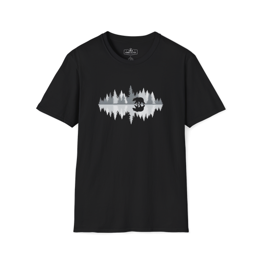 Bear Reflection Forest T-Shirt | Minimalist Bear & Pine Trees Nature Graphic Tee