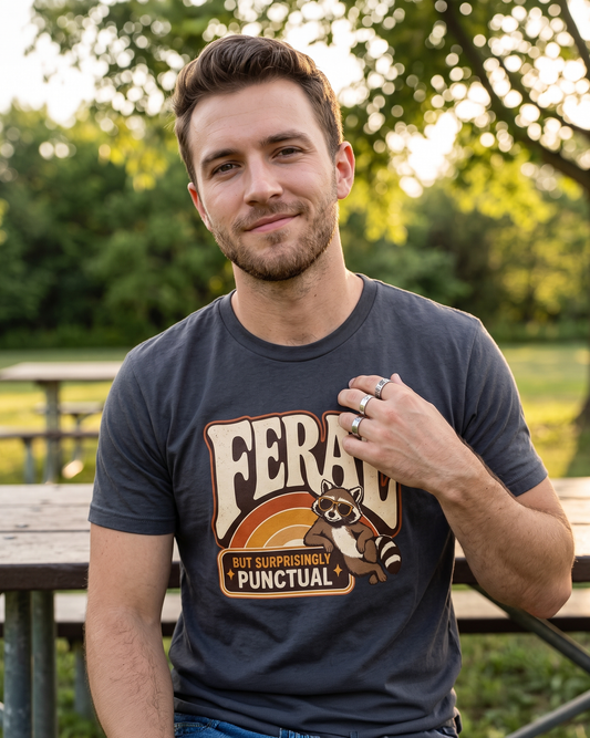 Feral But Surprisingly Punctual | Funny Retro Raccoon Graphic Shirt