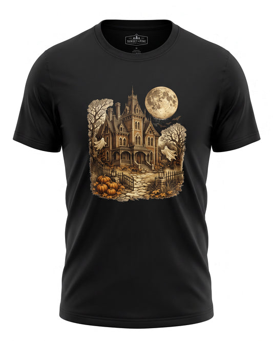 Vintage Haunted House Halloween T-Shirt | Moonlit Ghost House Graphic Tee