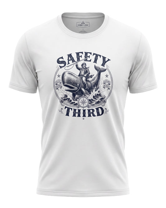 Safety Third Vintage Whale Rider T-Shirt | Funny Nautical Adventure Graphic Tee
