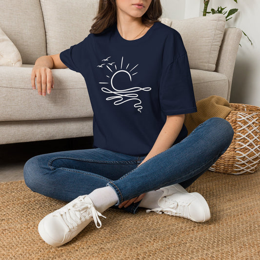 Coastal Sunrise Line Art T-Shirt | Minimal Beach Graphic Tee