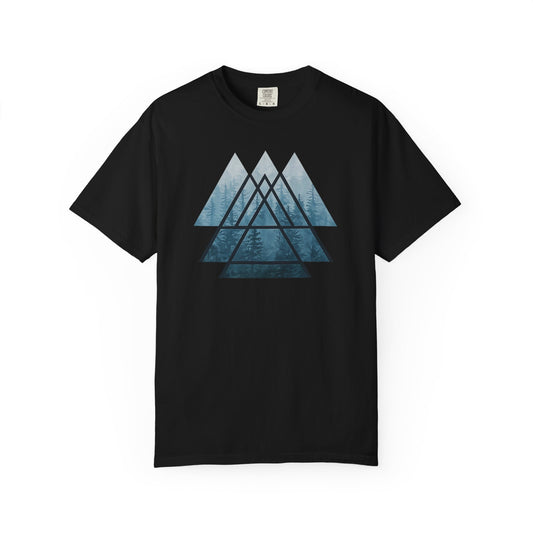 Mountain Peaks Graphic T-Shirt — Geometric Blue Forest Design