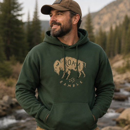Roam & Ramble Bison Hoodie | Vintage Buffalo Outdoor Adventure Sweatshirt