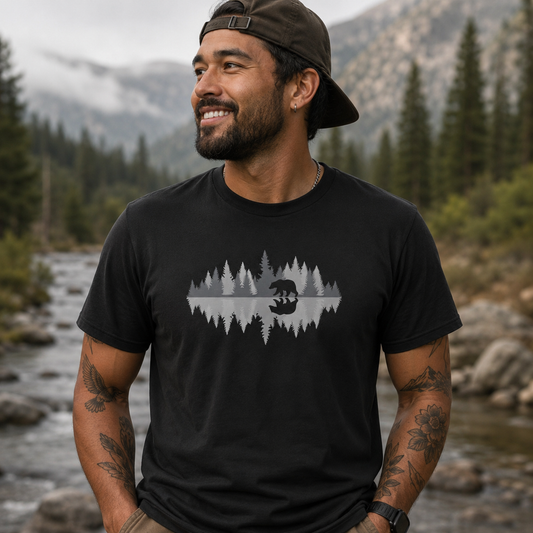 Bear Reflection Forest T-Shirt | Minimalist Bear & Pine Trees Nature Graphic Tee