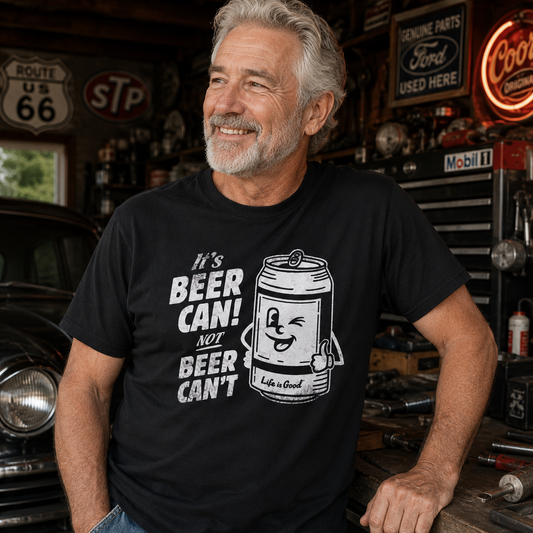 "It's Beer Can, Not Beer Can't" Funny Beer T-Shirt | Retro Cartoon Beer Graphic Tee