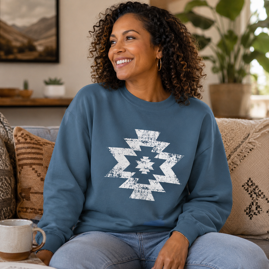 Southwestern Aztec Crewneck Sweatshirt | Distressed Geometric Western Pullover