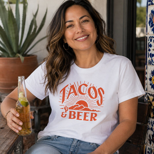 Tacos & Beer Retro Sunset T-Shirt | Southwest Food & Beer Graphic Tee