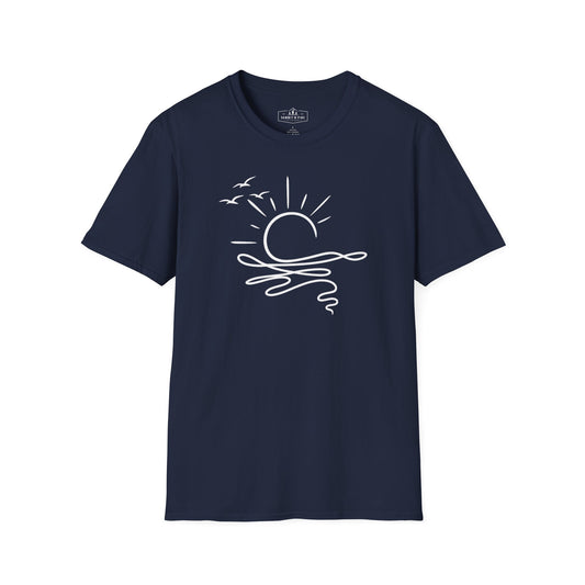 Coastal Sunrise Line Art T-Shirt | Minimal Beach Graphic Tee