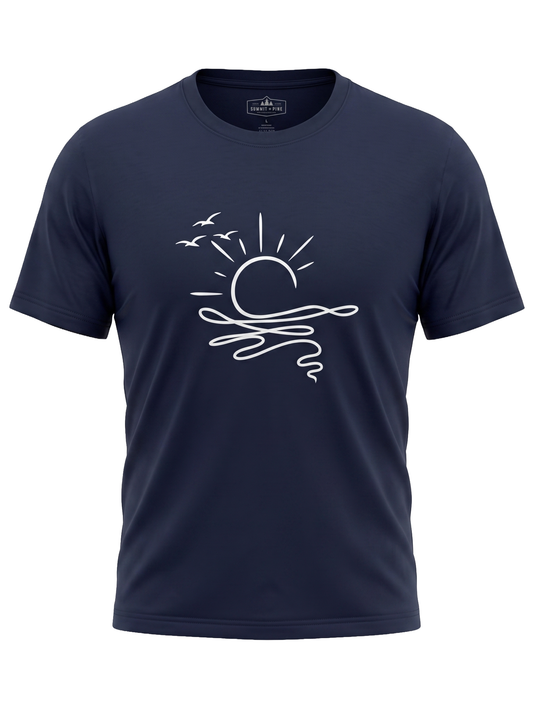 Coastal Sunrise Line Art T-Shirt | Minimal Beach Graphic Tee