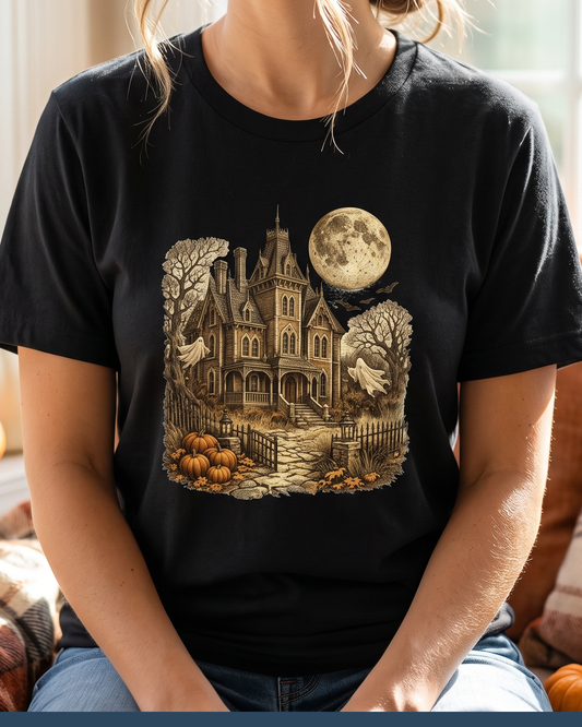 Vintage Haunted House Halloween T-Shirt | Moonlit Ghost House Graphic Tee