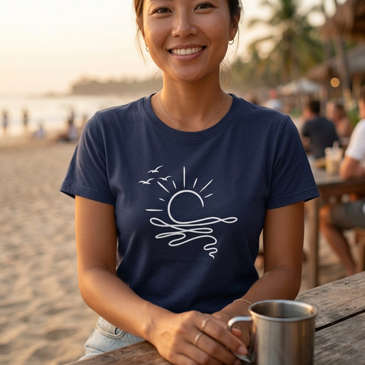 Coastal Sunrise Line Art T-Shirt | Minimal Beach Graphic Tee