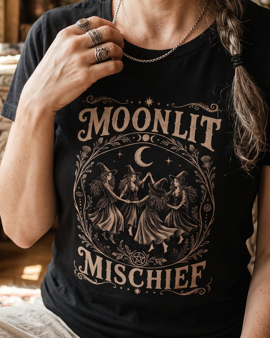 Moonlit Mischief T-Shirt | Vintage Witch Coven Graphic Tee