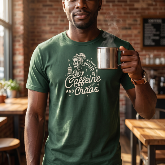 Fueled by Caffeine and Chaos Funny Coffee T-Shirt